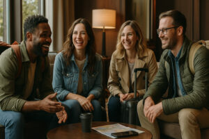 Scenic view of Port Ludlow Resort overlooking the marina, surrounded by lush forests and calm waters under a soft evening sky.