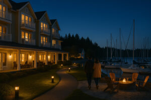 Scenic view of Port Ludlow Resort overlooking the marina, surrounded by lush forests and calm waters under a soft evening sky.