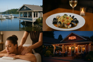 Scenic view of Port Ludlow Resort overlooking the marina, surrounded by lush forests and calm waters under a soft evening sky.