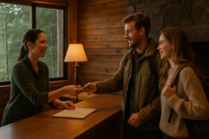 Scenic view of Port Ludlow Resort overlooking the marina, surrounded by lush forests and calm waters under a soft evening sky.