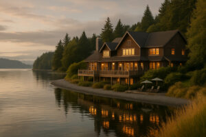 Scenic view of Port Ludlow Resort overlooking the marina, surrounded by lush forests and calm waters under a soft evening sky.