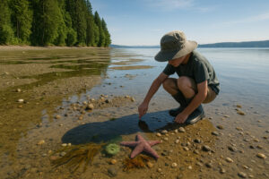 Peaceful shoreline with driftwood and pine trees at one of the hidden beaches in Port Ludlow, Washington.