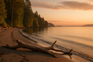 Peaceful shoreline with driftwood and pine trees at one of the hidden beaches in Port Ludlow, Washington.