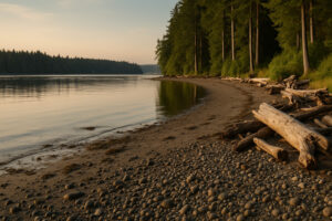 Peaceful shoreline with driftwood and pine trees at one of the hidden beaches in Port Ludlow, Washington.