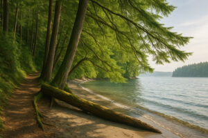 Peaceful shoreline with driftwood and pine trees at one of the hidden beaches in Port Ludlow, Washington.