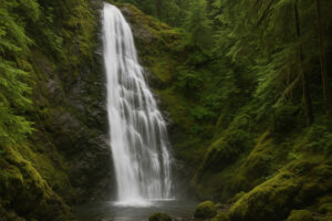 Secluded cascade flowing through mossy rocks and forest greenery, one of the hidden waterfalls near Port Ludlow, Washington.