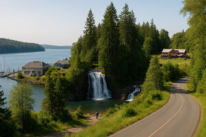 Secluded cascade flowing through mossy rocks and forest greenery, one of the hidden waterfalls near Port Ludlow, Washington.