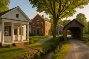 Scenic view of Grafton, Vermont with historic village buildings and autumn foliage &mdash; perfect for a Grafton Vermont travel guide.