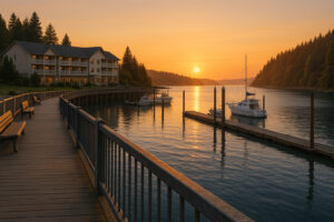 Peaceful shoreline with driftwood and pine trees at one of the hidden beaches in Port Ludlow, Washington.
