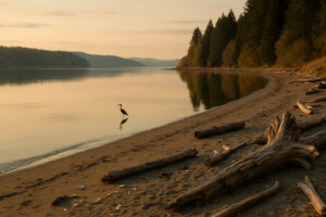 Peaceful shoreline with driftwood and pine trees at one of the hidden beaches in Port Ludlow, Washington.