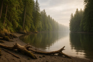 Peaceful shoreline with driftwood and pine trees at one of the hidden beaches in Port Ludlow, Washington.
