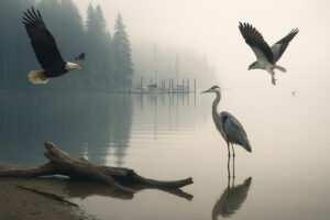 Peaceful shoreline with driftwood and pine trees at one of the hidden beaches in Port Ludlow, Washington.