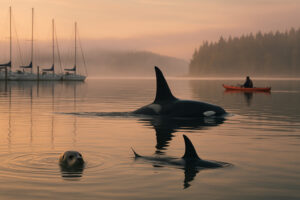 Peaceful shoreline with driftwood and pine trees at one of the hidden beaches in Port Ludlow, Washington.