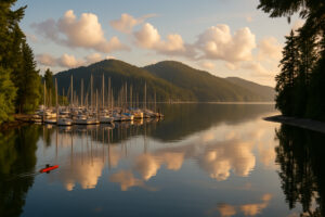 Peaceful shoreline with driftwood and pine trees at one of the hidden beaches in Port Ludlow, Washington.