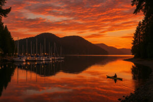 Peaceful shoreline with driftwood and pine trees at one of the hidden beaches in Port Ludlow, Washington.