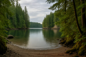 Peaceful shoreline with driftwood and pine trees at one of the hidden beaches in Port Ludlow, Washington.