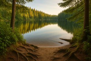 Peaceful shoreline with driftwood and pine trees at one of the hidden beaches in Port Ludlow, Washington.