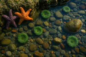 Peaceful shoreline with driftwood and pine trees at one of the hidden beaches in Port Ludlow, Washington.
