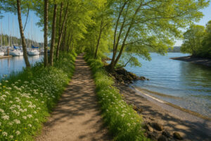 Peaceful shoreline with driftwood and pine trees at one of the hidden beaches in Port Ludlow, Washington.