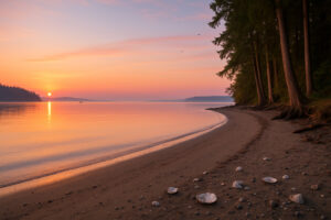 Peaceful shoreline with driftwood and pine trees at one of the hidden beaches in Port Ludlow, Washington.