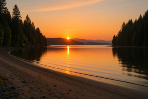 Peaceful shoreline with driftwood and pine trees at one of the hidden beaches in Port Ludlow, Washington.