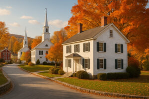 Scenic view of Grafton, Vermont with historic village buildings and autumn foliage &mdash; perfect for a Grafton Vermont travel guide.