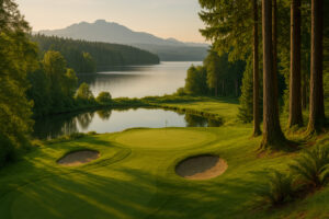 Golfers enjoying a sunny afternoon at Port Ludlow Golf and Recreation with forested hills and marina views in the background.