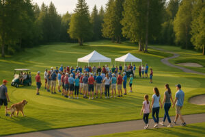 Golfers enjoying a sunny afternoon at Port Ludlow Golf and Recreation with forested hills and marina views in the background.