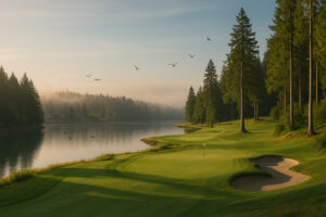 Golfers enjoying a sunny afternoon at Port Ludlow Golf and Recreation with forested hills and marina views in the background.