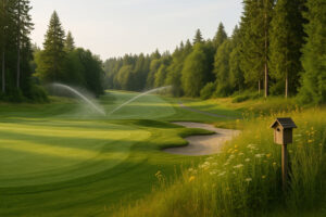 Golfers enjoying a sunny afternoon at Port Ludlow Golf and Recreation with forested hills and marina views in the background.