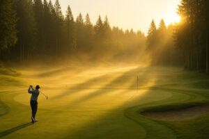 Golfers enjoying a sunny afternoon at Port Ludlow Golf and Recreation with forested hills and marina views in the background.