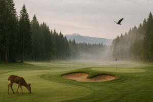 Golfers enjoying a sunny afternoon at Port Ludlow Golf and Recreation with forested hills and marina views in the background.