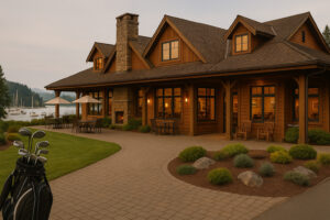 Golfers enjoying a sunny afternoon at Port Ludlow Golf and Recreation with forested hills and marina views in the background.