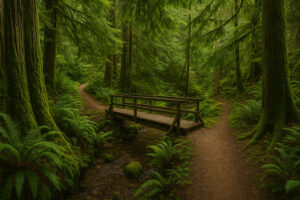 Golfers enjoying a sunny afternoon at Port Ludlow Golf and Recreation with forested hills and marina views in the background.