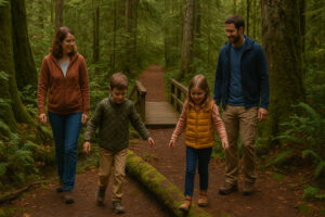 Golfers enjoying a sunny afternoon at Port Ludlow Golf and Recreation with forested hills and marina views in the background.