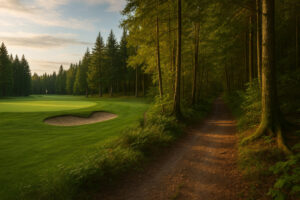 Golfers enjoying a sunny afternoon at Port Ludlow Golf and Recreation with forested hills and marina views in the background.