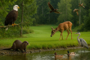 Golfers enjoying a sunny afternoon at Port Ludlow Golf and Recreation with forested hills and marina views in the background.