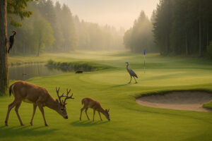 Golfers enjoying a sunny afternoon at Port Ludlow Golf and Recreation with forested hills and marina views in the background.