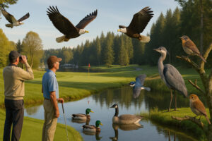 Golfers enjoying a sunny afternoon at Port Ludlow Golf and Recreation with forested hills and marina views in the background.
