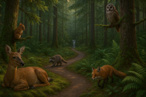 Golfers enjoying a sunny afternoon at Port Ludlow Golf and Recreation with forested hills and marina views in the background.