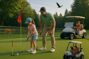 Golfers enjoying a sunny afternoon at Port Ludlow Golf and Recreation with forested hills and marina views in the background.
