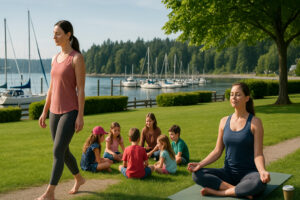 Golfers enjoying a sunny afternoon at Port Ludlow Golf and Recreation with forested hills and marina views in the background.