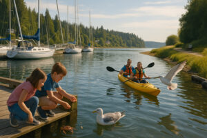 Golfers enjoying a sunny afternoon at Port Ludlow Golf and Recreation with forested hills and marina views in the background.