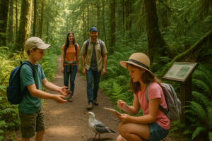 Golfers enjoying a sunny afternoon at Port Ludlow Golf and Recreation with forested hills and marina views in the background.