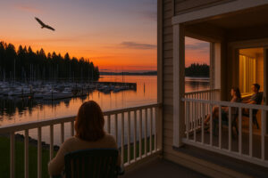 Golfers enjoying a sunny afternoon at Port Ludlow Golf and Recreation with forested hills and marina views in the background.