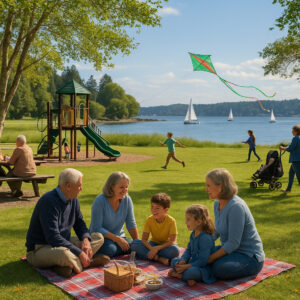 Golfers enjoying a sunny afternoon at Port Ludlow Golf and Recreation with forested hills and marina views in the background.