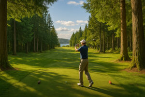 Golfers enjoying a sunny afternoon at Port Ludlow Golf and Recreation with forested hills and marina views in the background.