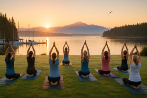 Golfers enjoying a sunny afternoon at Port Ludlow Golf and Recreation with forested hills and marina views in the background.