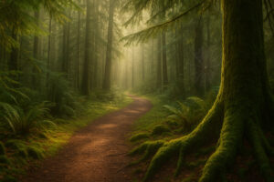 Golfers enjoying a sunny afternoon at Port Ludlow Golf and Recreation with forested hills and marina views in the background.