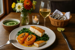 Golfers enjoying a sunny afternoon at Port Ludlow Golf and Recreation with forested hills and marina views in the background.